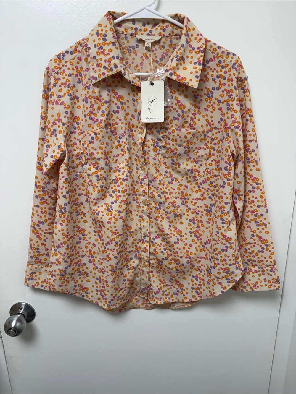 Hope Avenue Cream Floral Button-Front Blouse with Pink, Orange & Purple Accents